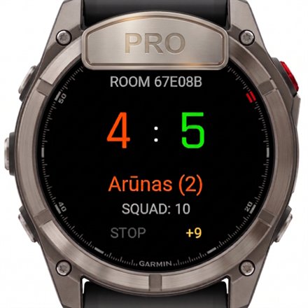 Mini Basketball Pro on a Garmin watch: a gold PRO badge, the room code and a real player's name as the scorer