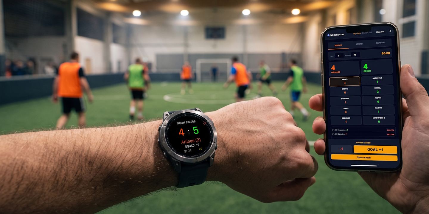 A Garmin watch on a wrist showing 21:18 and the scorer, with the same game on a phone held beside it, players in orange and green jerseys behind