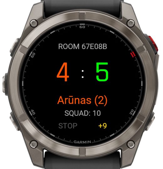 Mini Basketball Pro on a Garmin watch: room code, the score twenty-one eighteen, the scorer by name and nine points waiting to sync