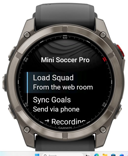 The Mini Basketball Pro watch menu showing Load Squad, Sync Points and Start Recording