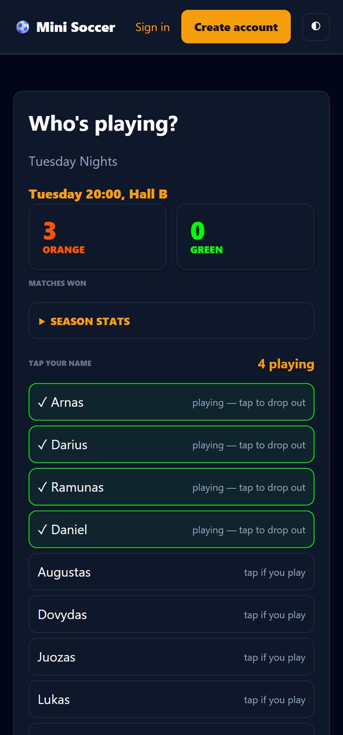 The sign-up page on a phone: three players marked as playing, the rest of the squad below