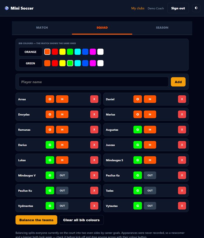 Squad management: jersey colour pickers, players marked in or out, sign-up link settings